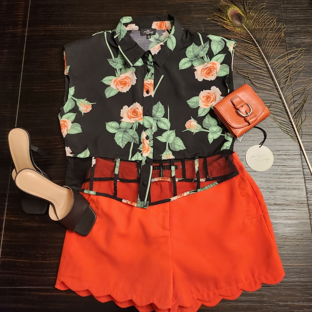 Milk & Honey Black Floral Sleveless with See-through Bottom Crop Top  Size L